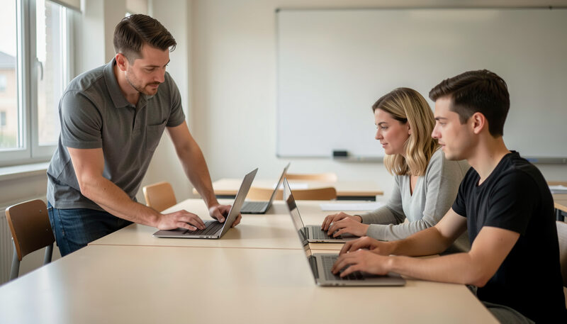 Une formatrice qui montre un schéma sur tableau blanc à trois collègues